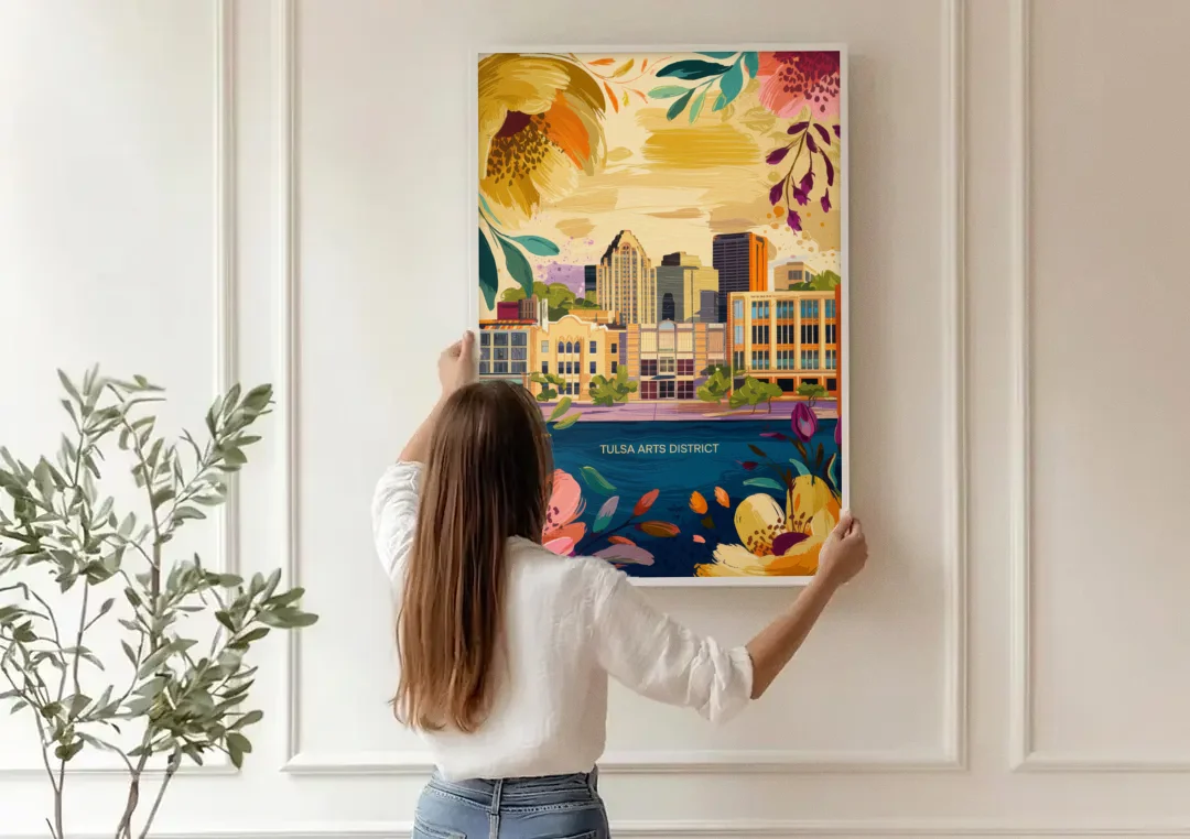 Tulsa Arts District canvas wall art being hung on a paneled wall