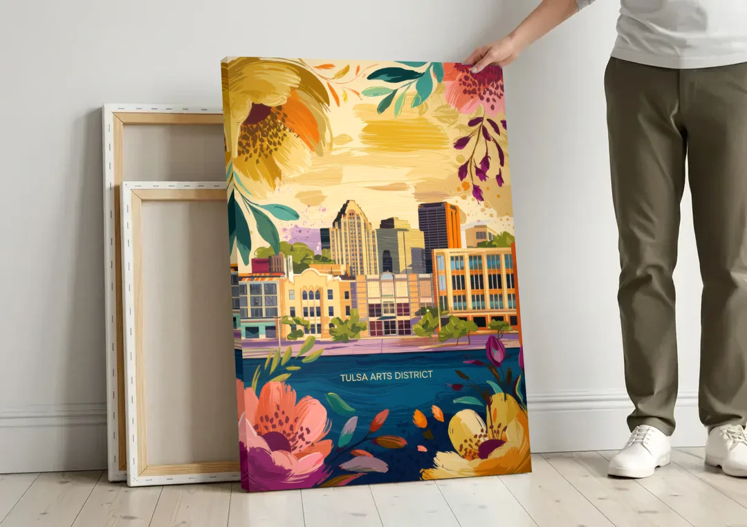 Tulsa Arts District canvas wall art leaning against a wall next to blank canvases