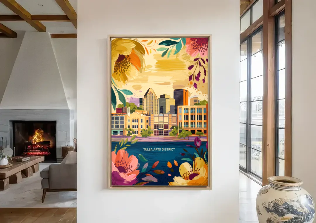 Tulsa Arts District canvas wall art in a living room with a fireplace