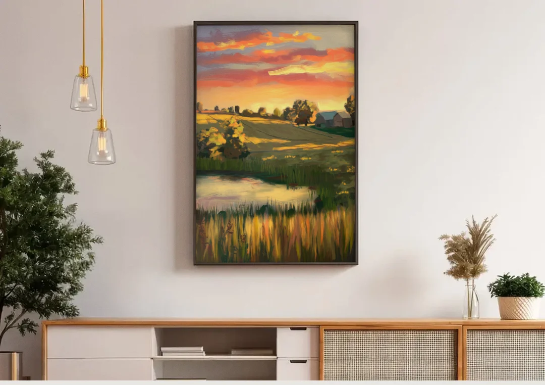 Tulsa Golden Hour canvas wall art above a wooden sideboard under pendant lights