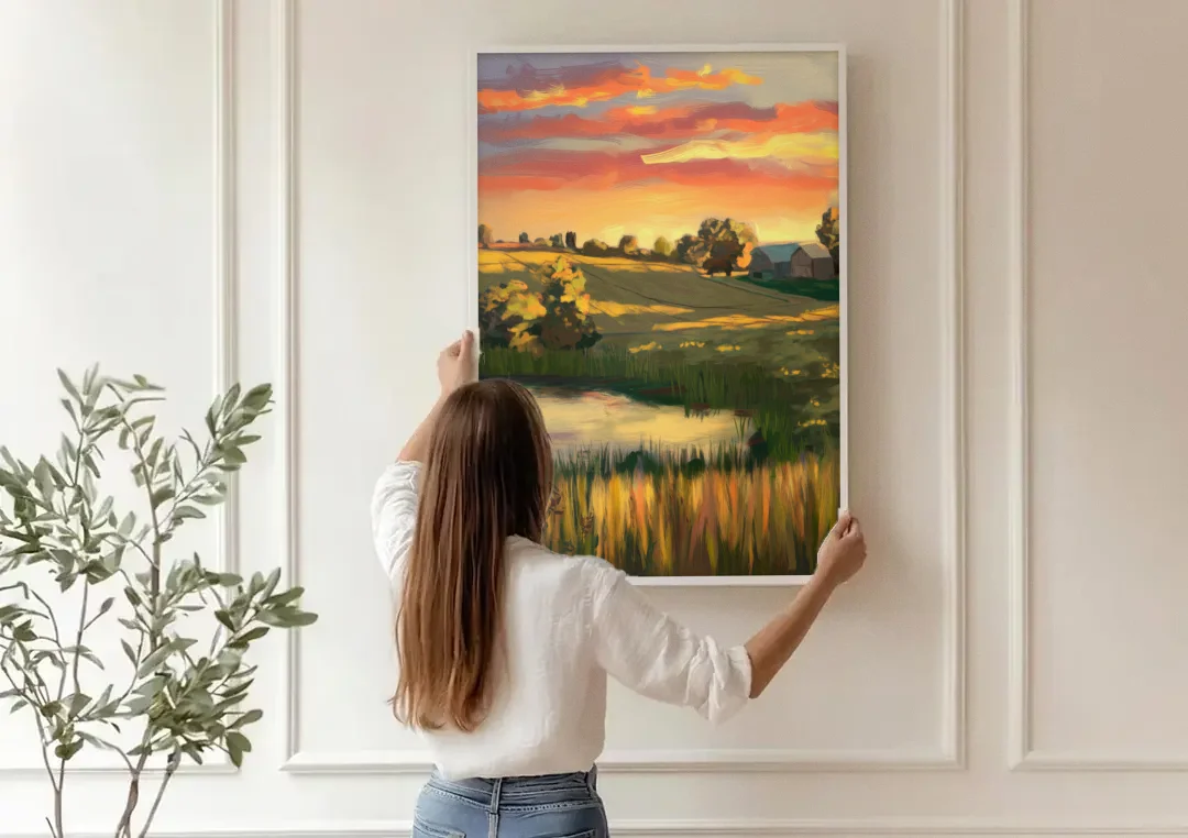 Tulsa Golden Hour canvas wall art being hung on a paneled wall