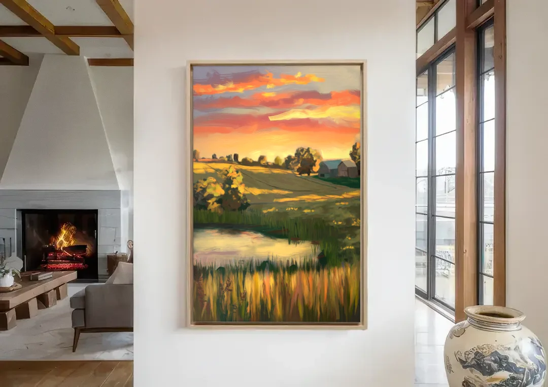 Tulsa Golden Hour canvas wall art in a living room with a fireplace