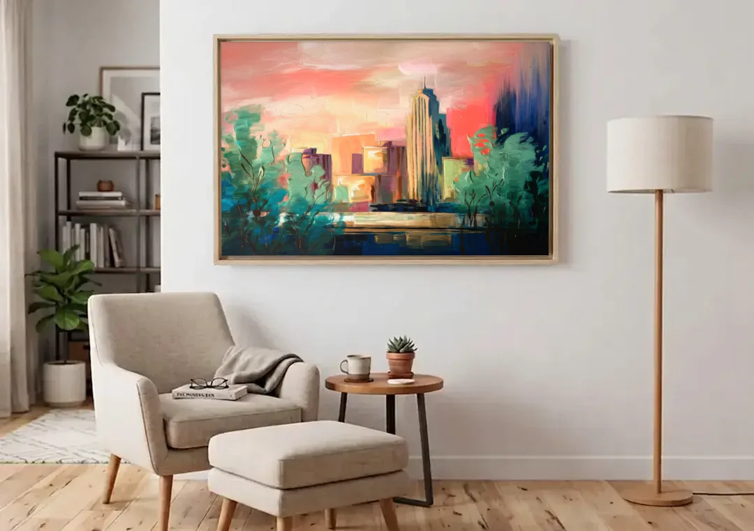 Tulsa Midtown Scenery canvas wall art above an armchair in a bright living room