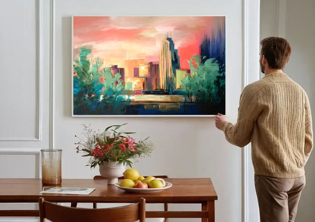 Tulsa Midtown Scenery canvas wall art above a dining table