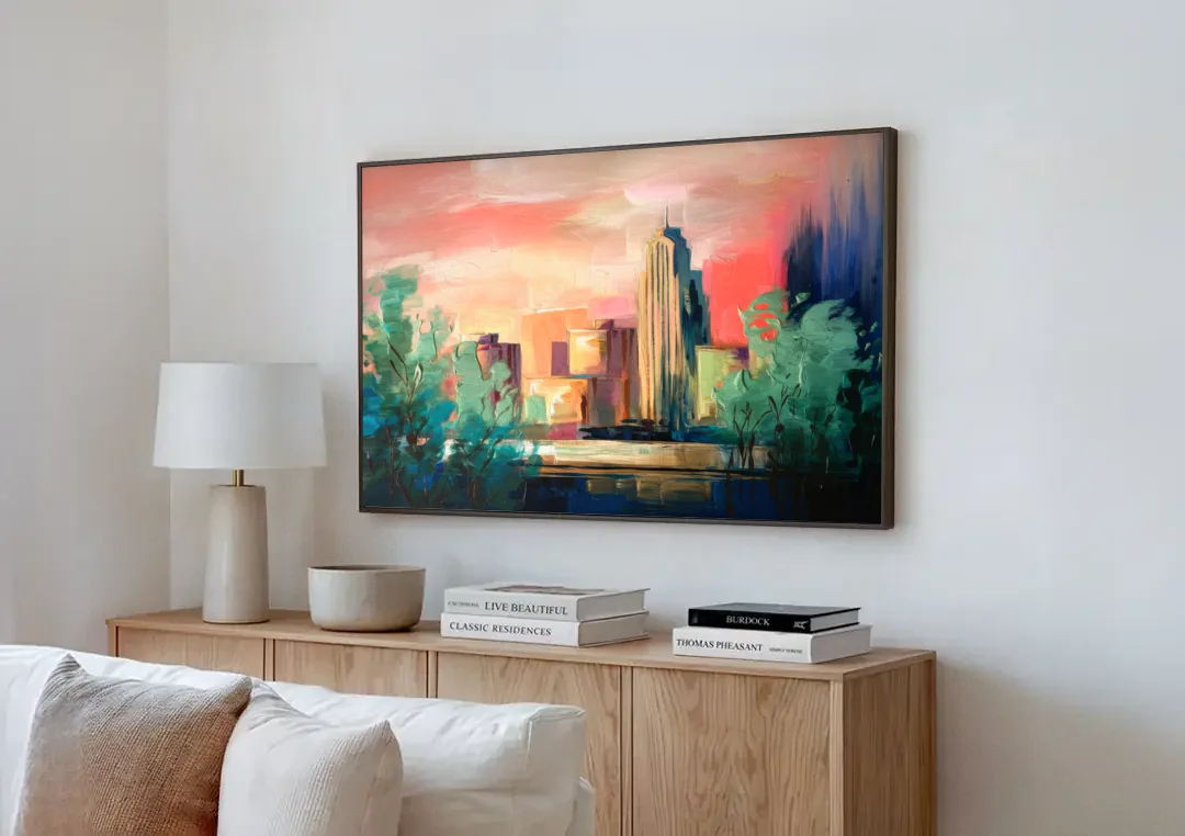 Tulsa Midtown Scenery canvas wall art above a wooden sideboard next to a sofa
