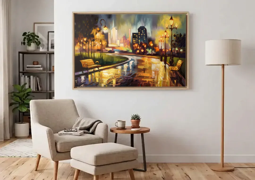 Tulsa Night Lights canvas wall art above an armchair in a bright living room