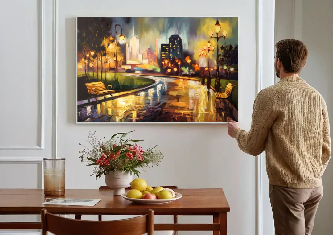 Tulsa Night Lights canvas wall art above a dining table