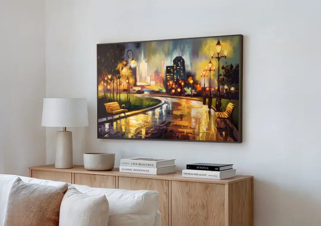 Tulsa Night Lights canvas wall art above a wooden sideboard next to a sofa