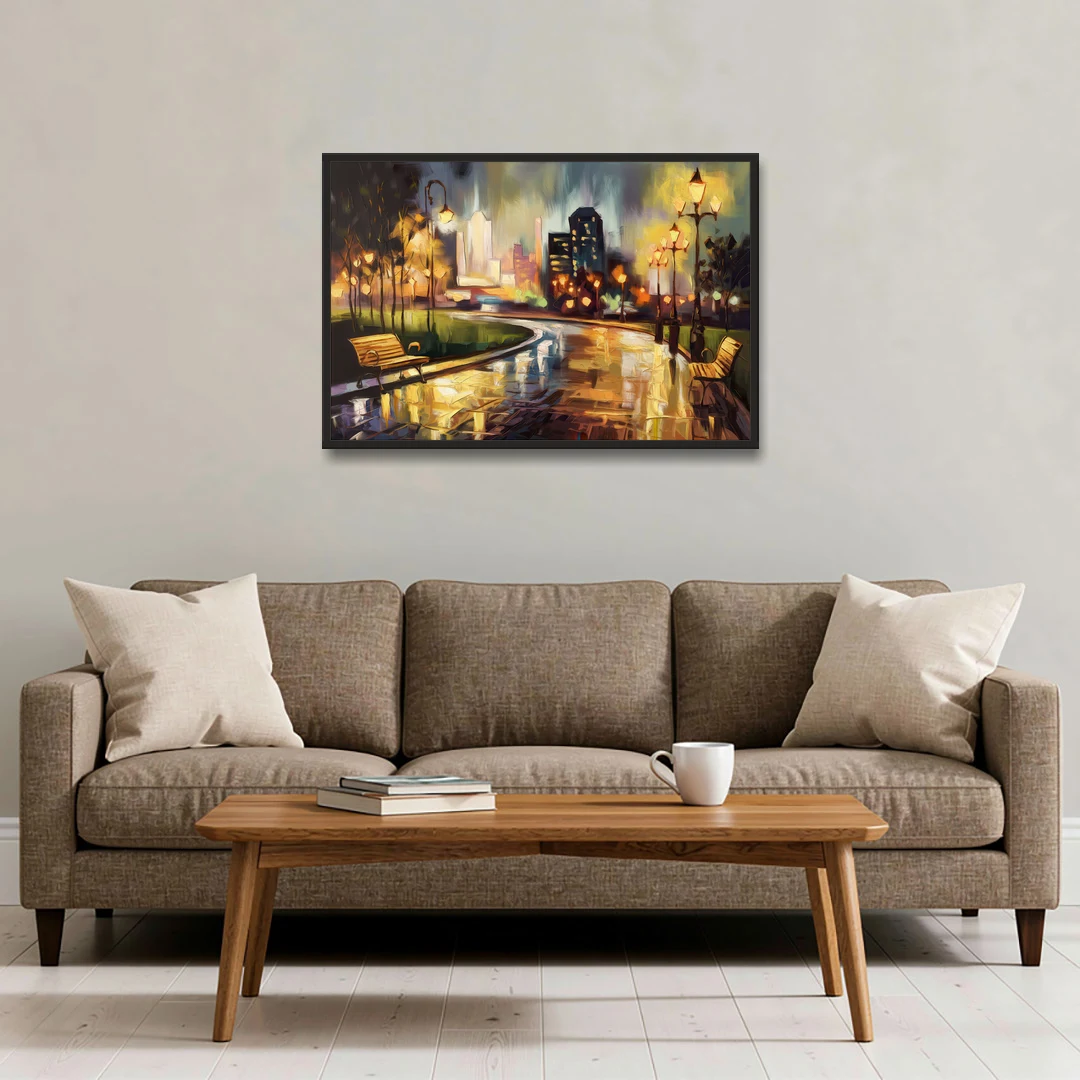 Tulsa Night Lights - Black Framed Canvas Wall Art - Sofa - 36x24