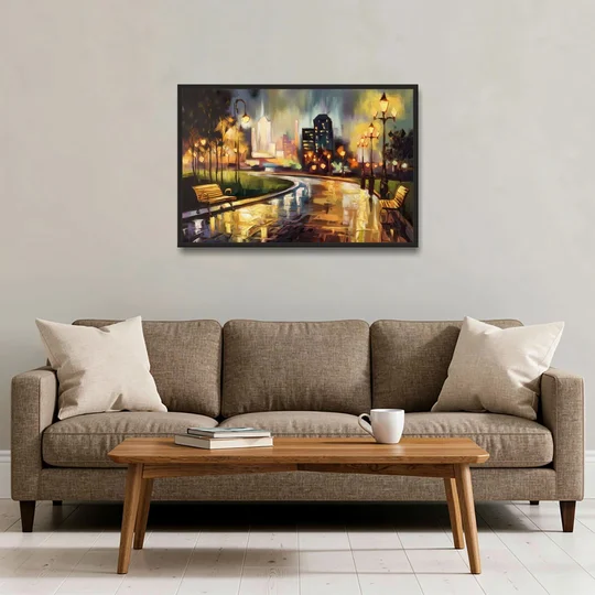 Tulsa Night Lights - Black Framed Canvas Wall Art - Sofa - 36x24