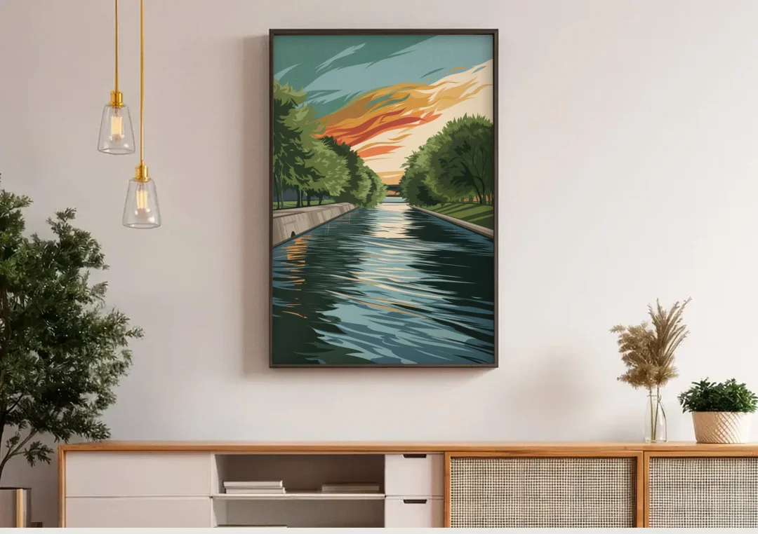 Tulsa Riverfront Views canvas wall art above a wooden sideboard under pendant lights