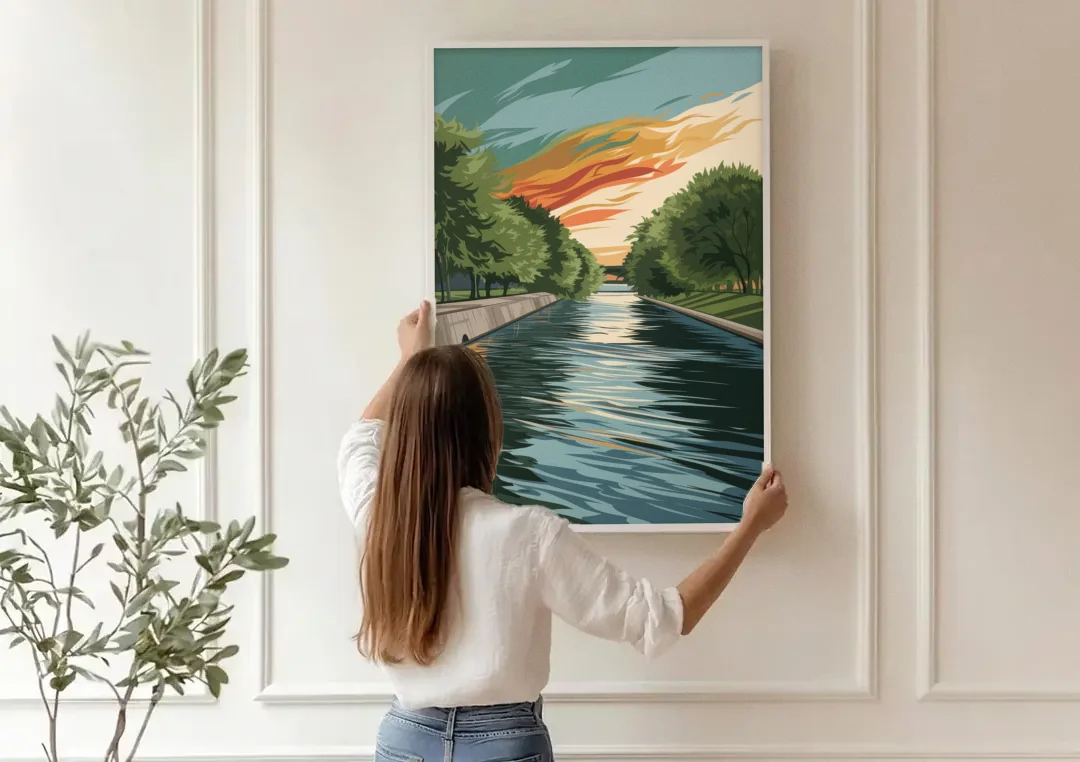 Tulsa Riverfront Views canvas wall art being hung on a paneled wall