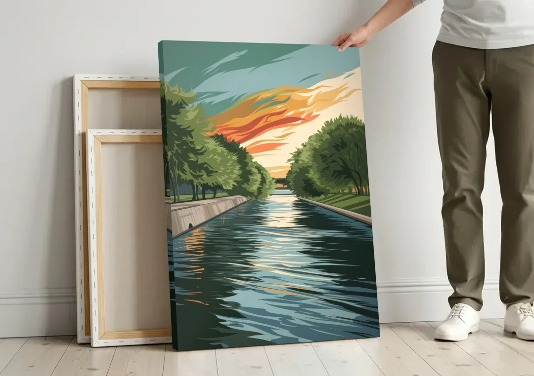Tulsa Riverfront Views canvas wall art leaning against a wall next to blank canvases