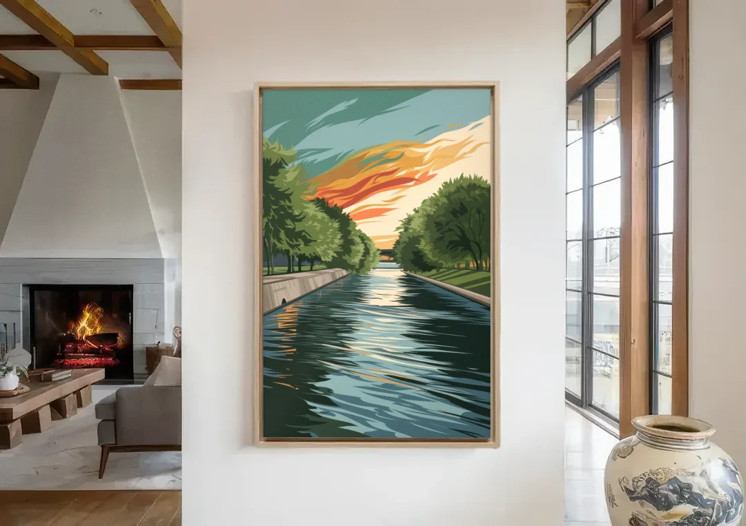 Tulsa Riverfront Views canvas wall art in a living room with a fireplace