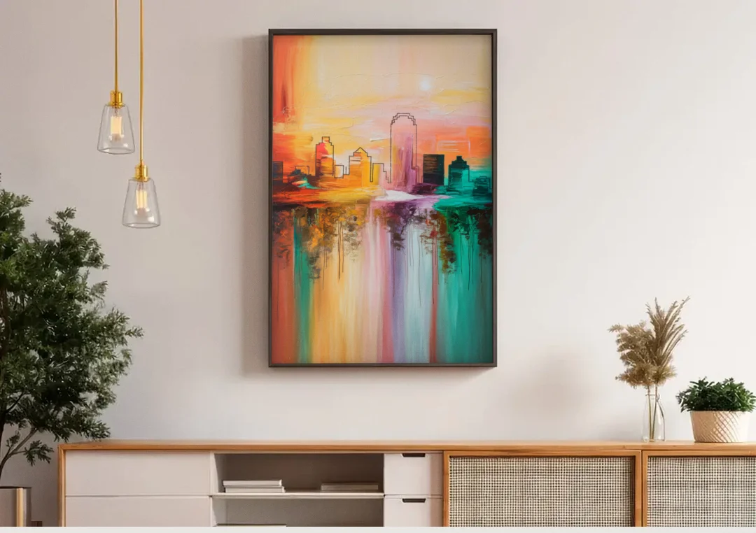 Tulsa Skyline Sunset canvas wall art above a wooden sideboard under pendant lights