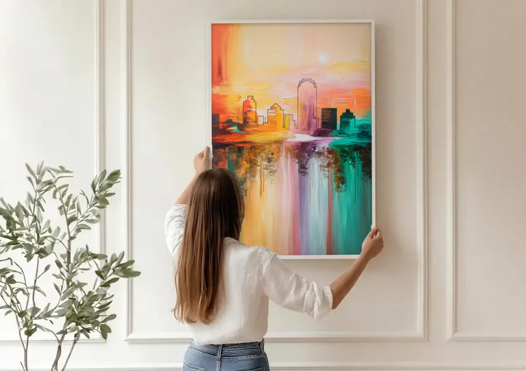 Tulsa Skyline Sunset canvas wall art being hung on a paneled wall