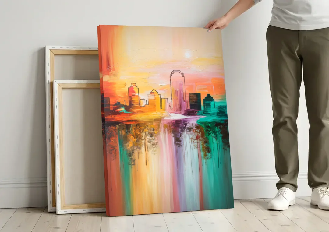 Tulsa Skyline Sunset canvas wall art leaning against a wall next to blank canvases