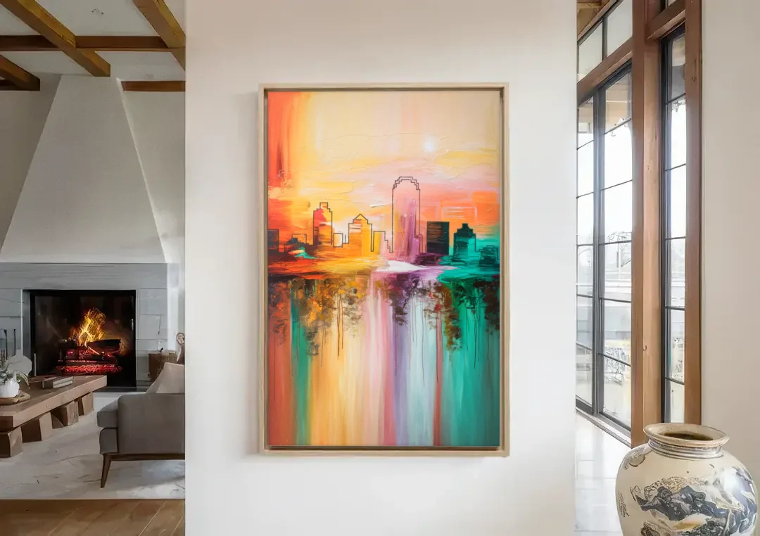 Tulsa Skyline Sunset canvas wall art in a living room with a fireplace