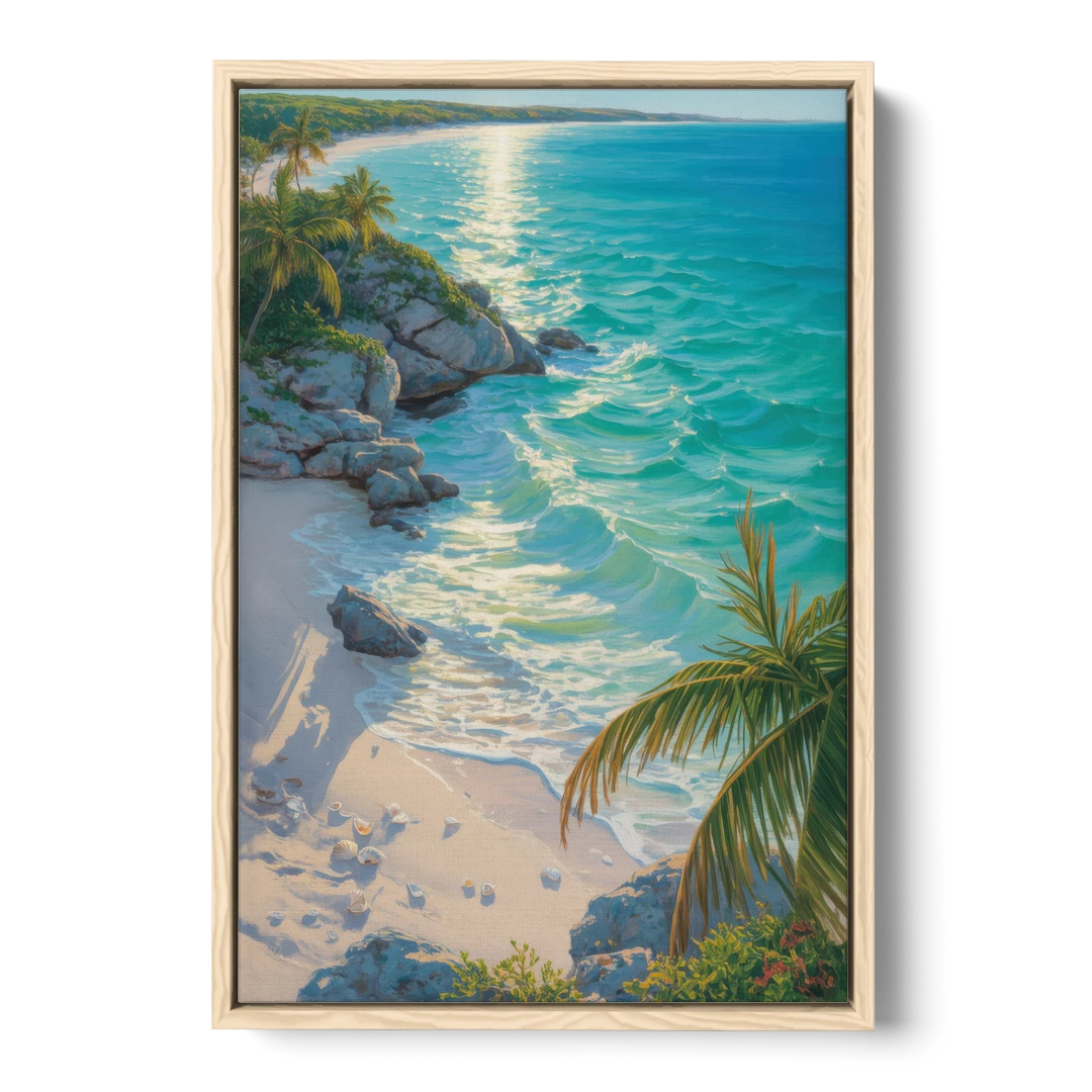 Tulum Beach Turquoise - Oak Framed Canvas Wall Art - Front