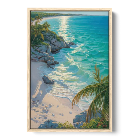 Tulum Beach Turquoise - Oak Framed Canvas Wall Art - Front