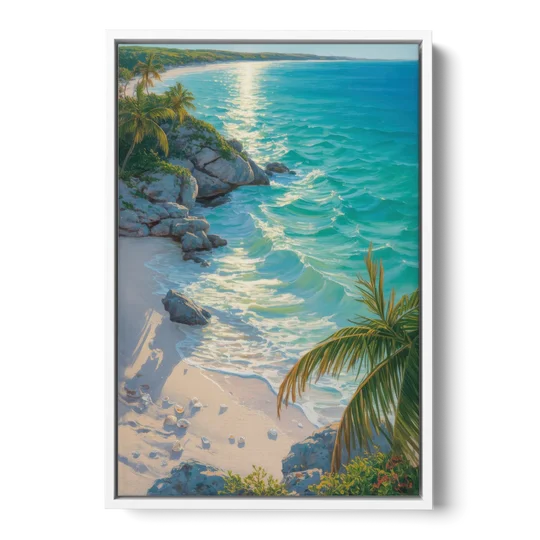 Tulum Beach Turquoise - White Framed Canvas Wall Art - Front