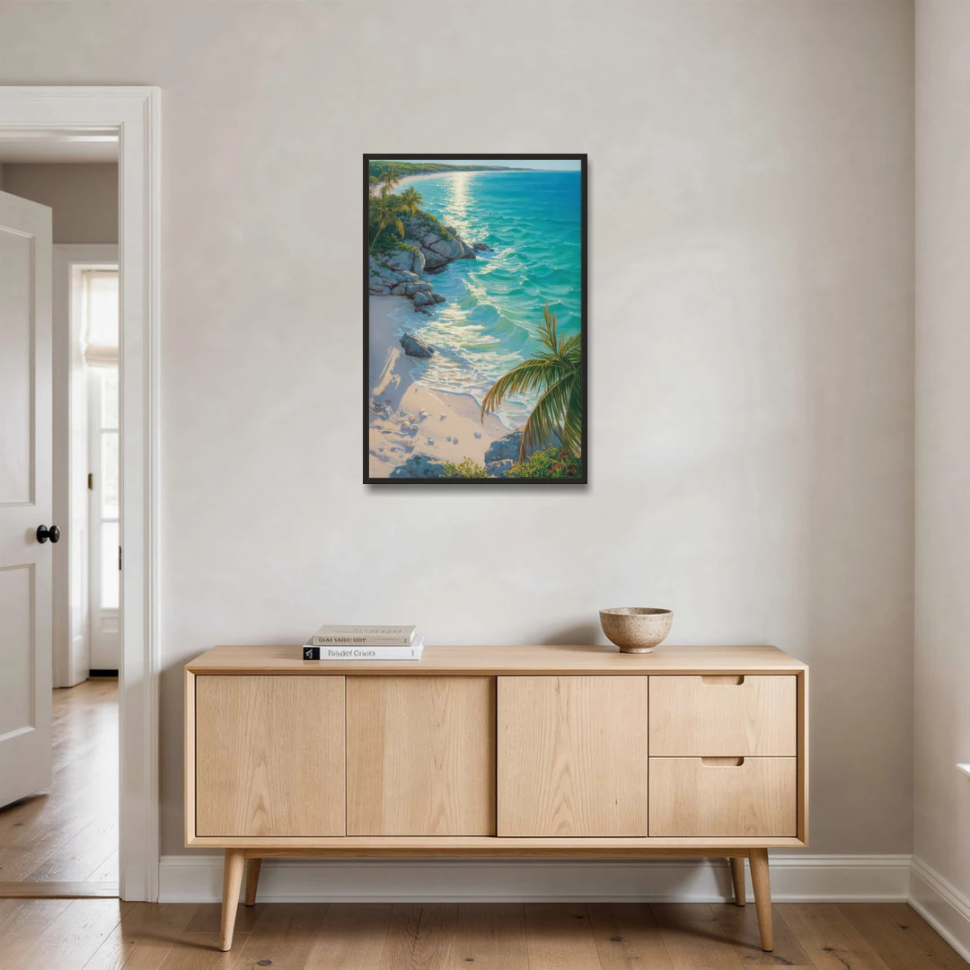 Tulum Beach Turquoise - Black Framed Canvas Wall Art - Coffee Table - 24x36