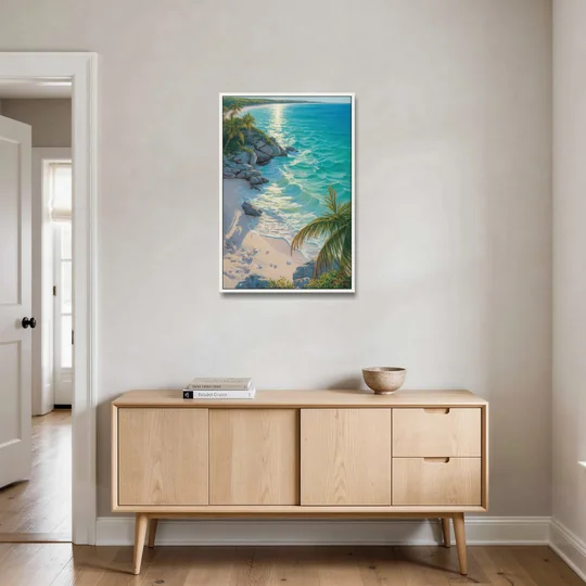 Tulum Beach Turquoise - White Framed Canvas Wall Art - Coffee Table - 24x36