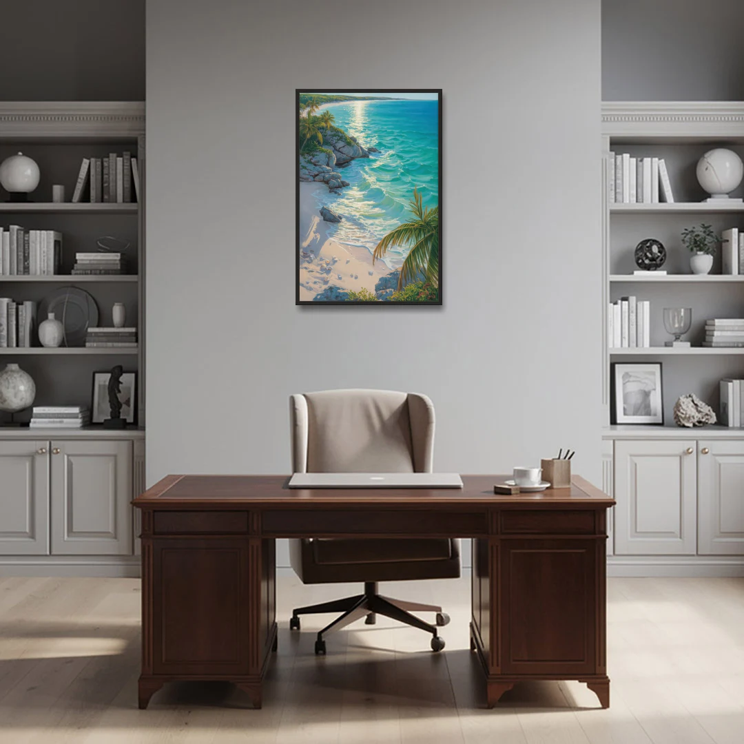 Tulum Beach Turquoise - Black Framed Canvas Wall Art - Office - 24x36