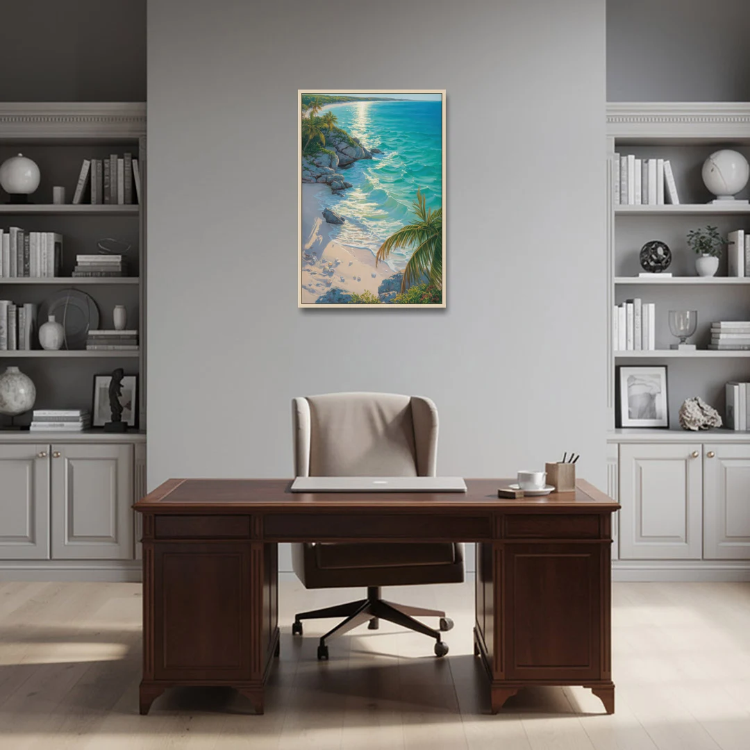 Tulum Beach Turquoise - Oak Framed Canvas Wall Art - Office - 24x36