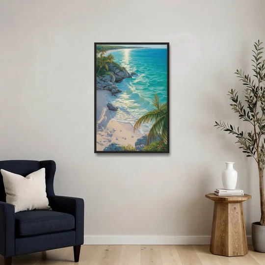 Tulum Beach Turquoise - Black Framed Canvas Wall Art - Sofa - 24x36