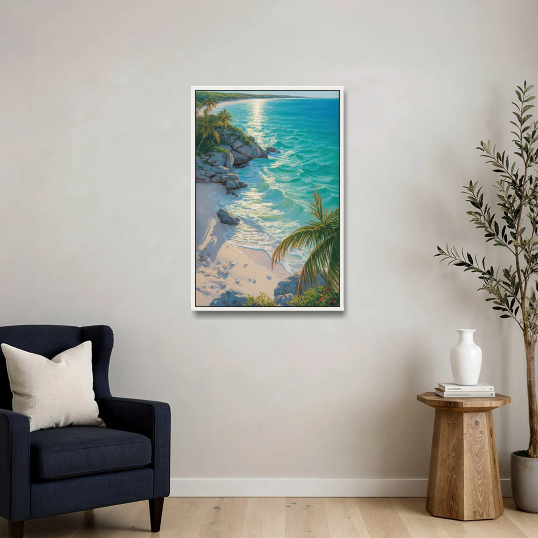 Tulum Beach Turquoise - White Framed Canvas Wall Art - Sofa - 24x36