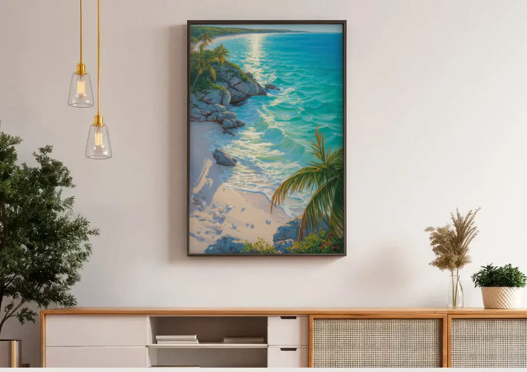 Tulum Beach Turquoise canvas wall art above a wooden sideboard under pendant lights