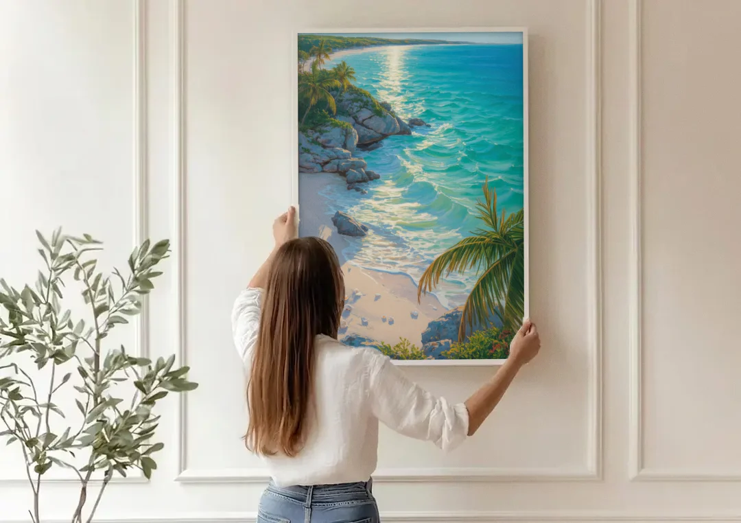 Tulum Beach Turquoise canvas wall art being hung on a paneled wall