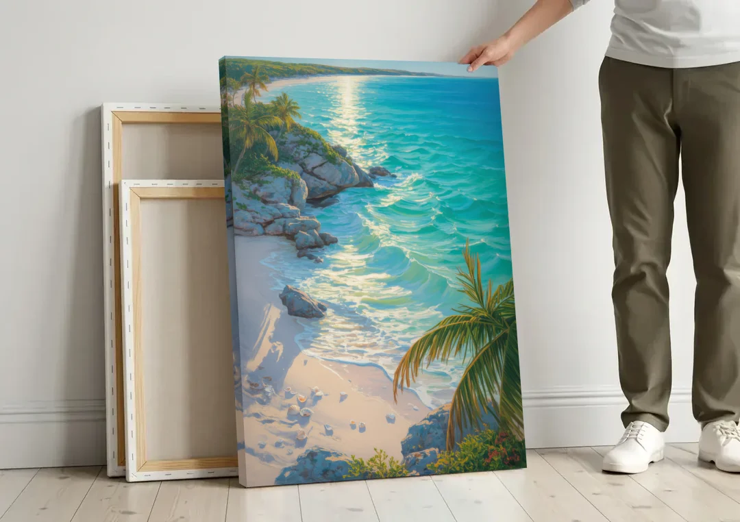 Tulum Beach Turquoise canvas wall art leaning against a wall next to blank canvases