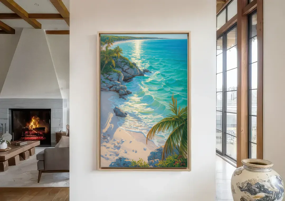 Tulum Beach Turquoise canvas wall art in a living room with a fireplace