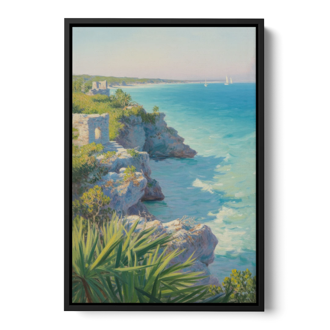 Tulum Cliff Ruins - Black Framed Canvas Wall Art - Front