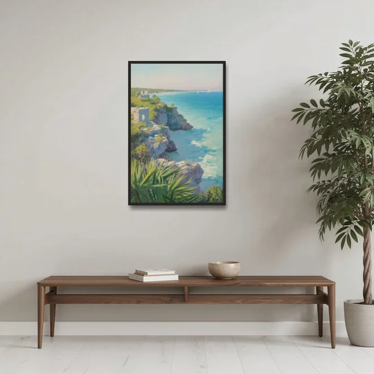 Tulum Cliff Ruins - Black Framed Canvas Wall Art - Coffee Table - 24x36
