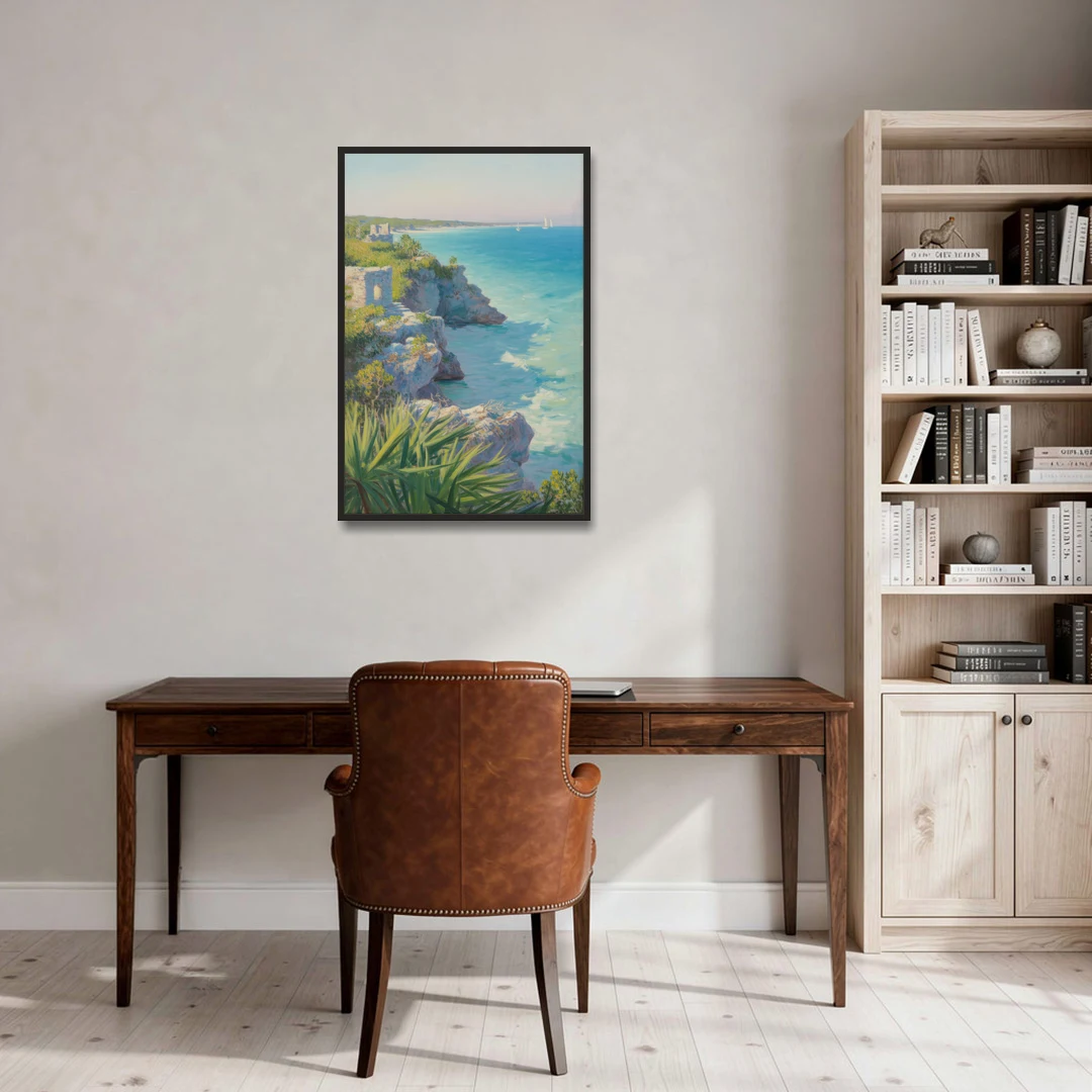 Tulum Cliff Ruins - Black Framed Canvas Wall Art - Office - 24x36