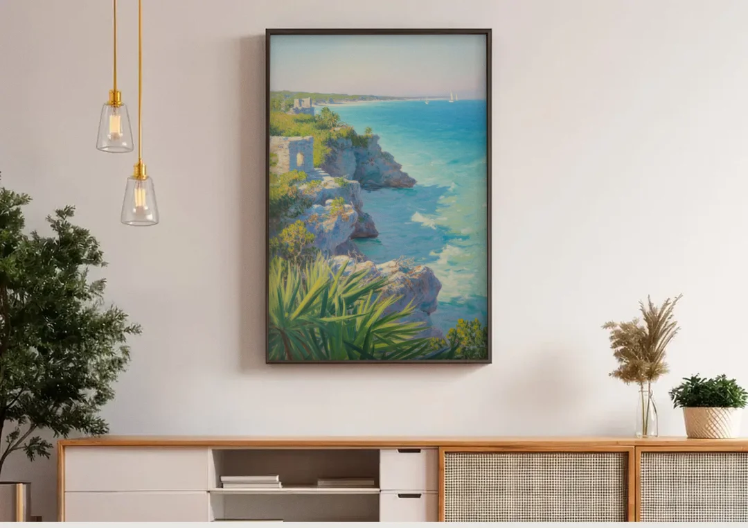 Tulum Cliff Ruins canvas wall art above a wooden sideboard under pendant lights