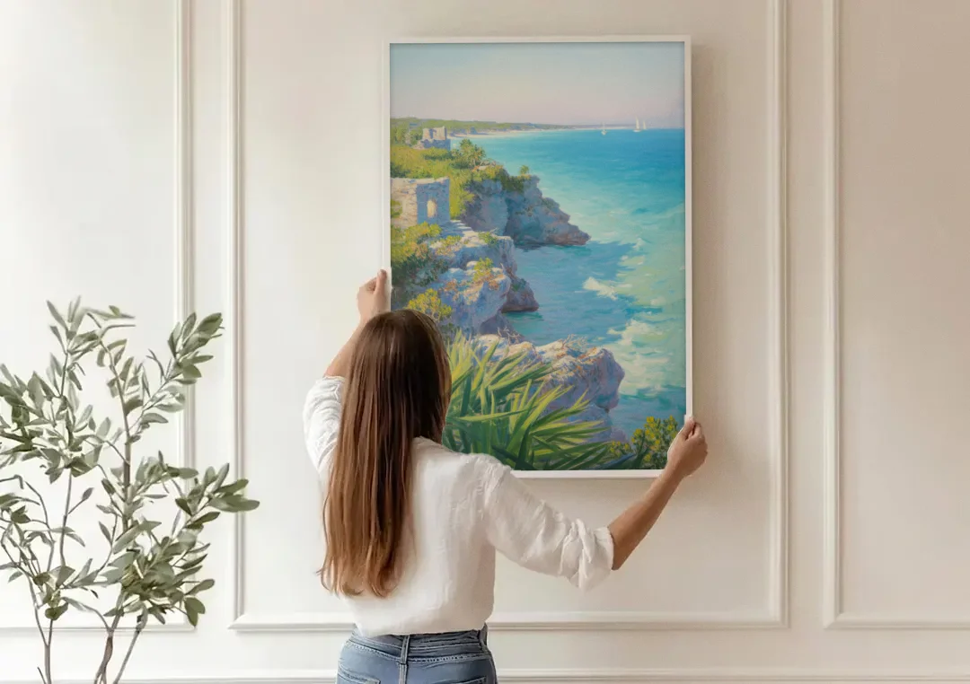 Tulum Cliff Ruins canvas wall art being hung on a paneled wall