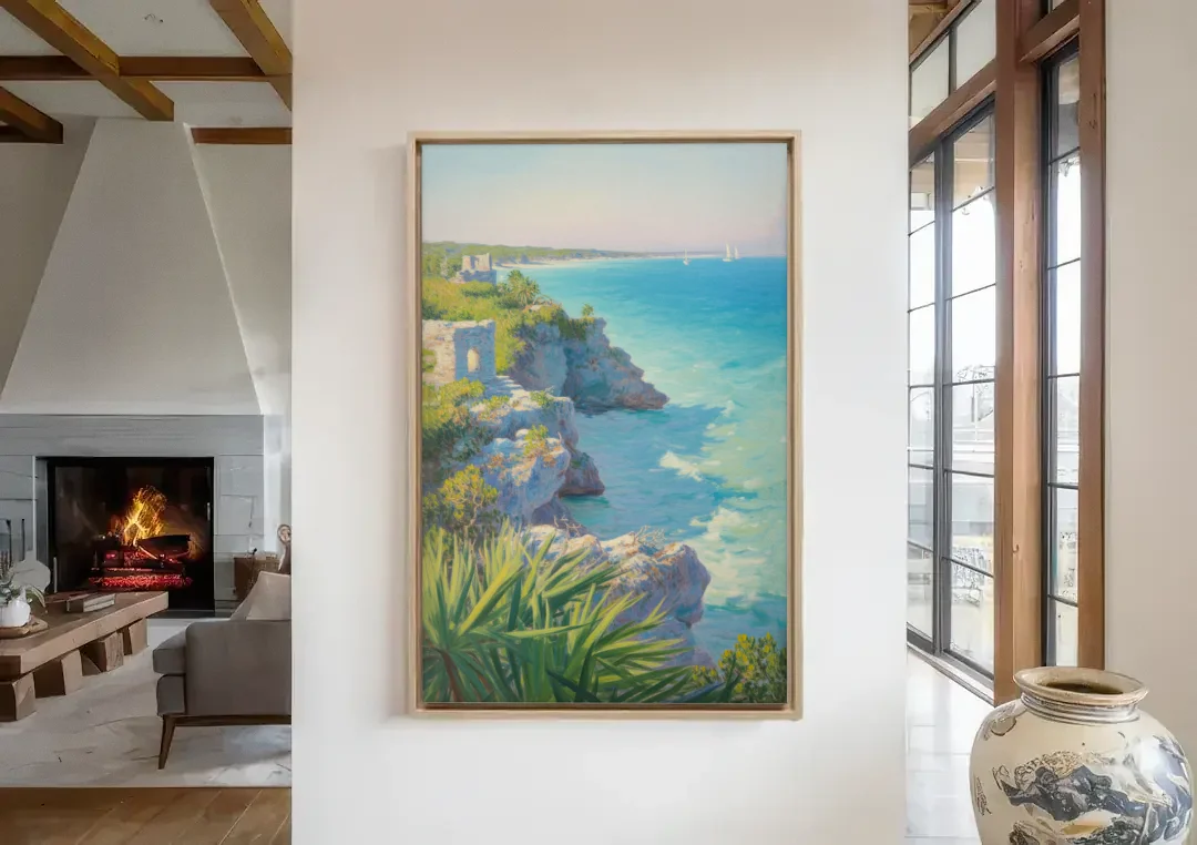 Tulum Cliff Ruins canvas wall art in a living room with a fireplace