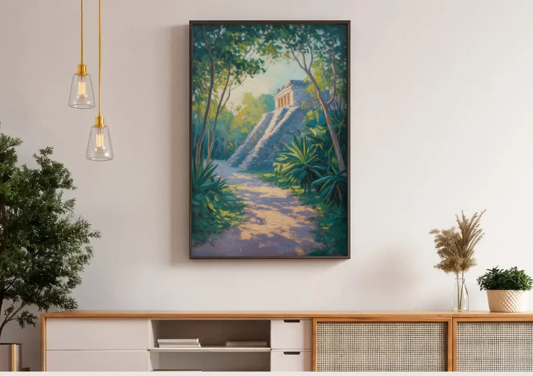 Tulum Jungle Path canvas wall art above a wooden sideboard under pendant lights