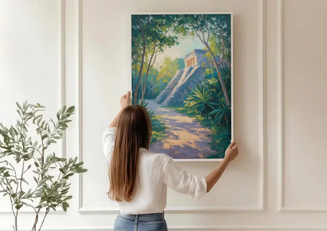 Tulum Jungle Path canvas wall art being hung on a paneled wall