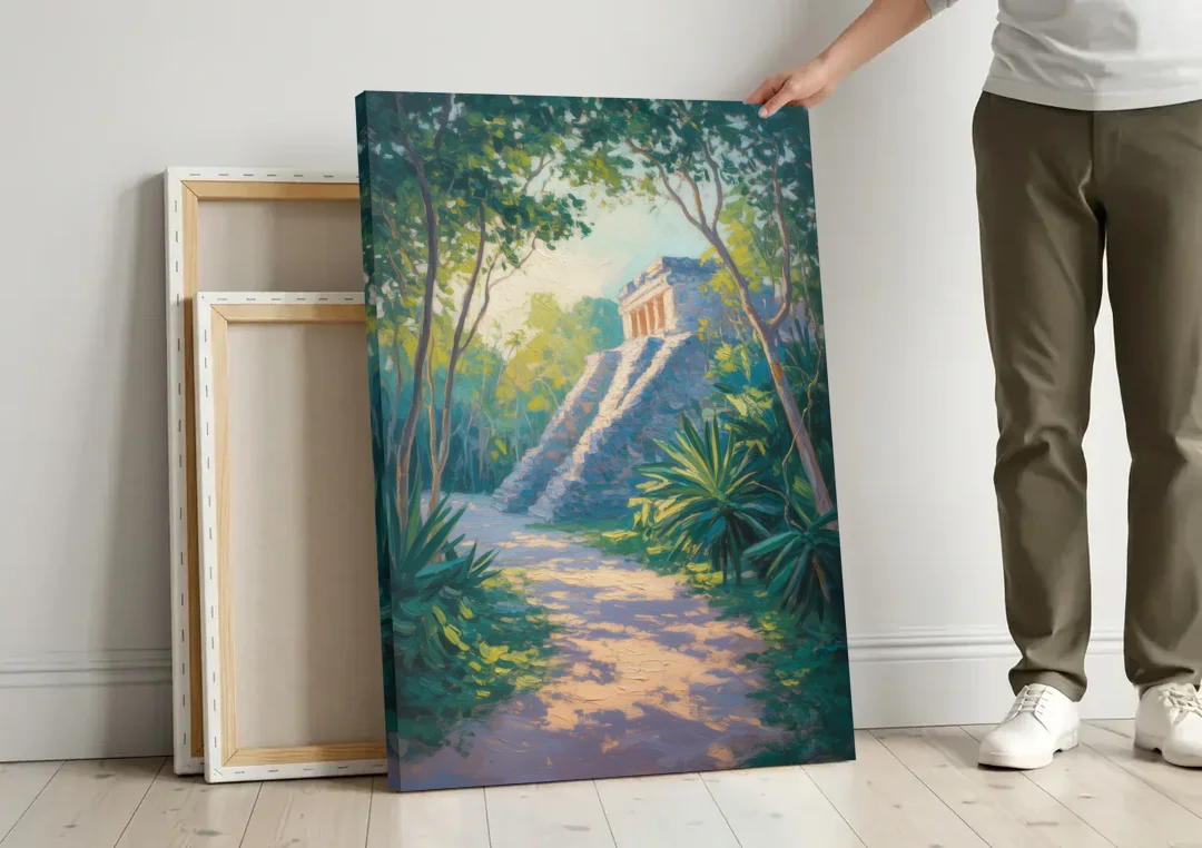 Tulum Jungle Path canvas wall art leaning against a wall next to blank canvases