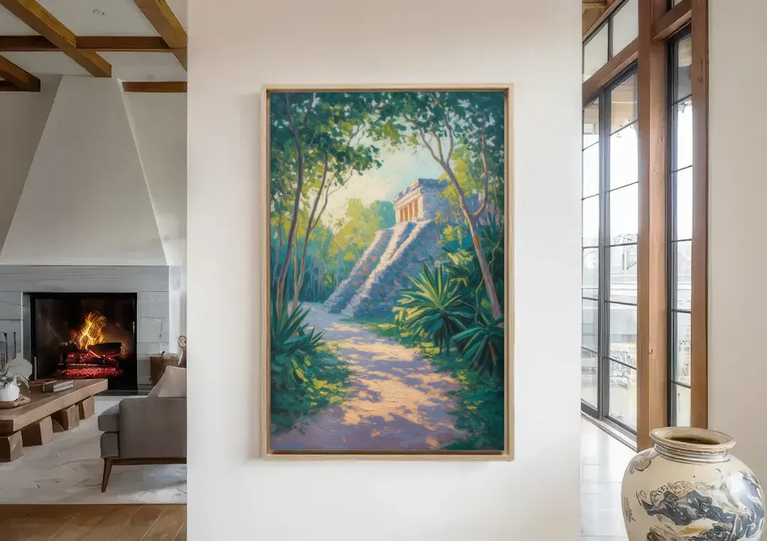 Tulum Jungle Path canvas wall art in a living room with a fireplace