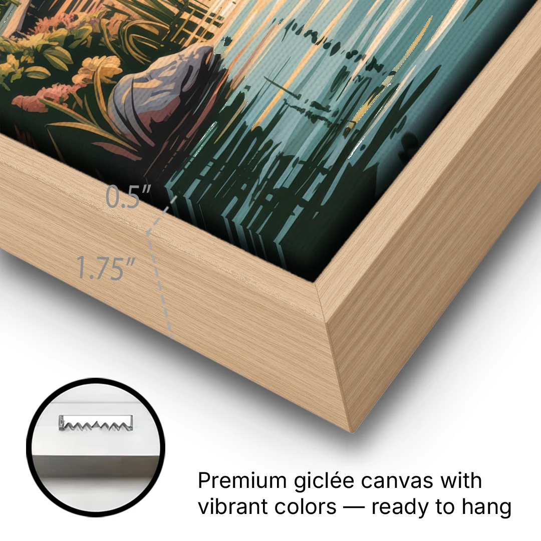 Tulum Lagoon Sunset - Oak Framed Canvas Wall Art - Gallery Wrap Corner