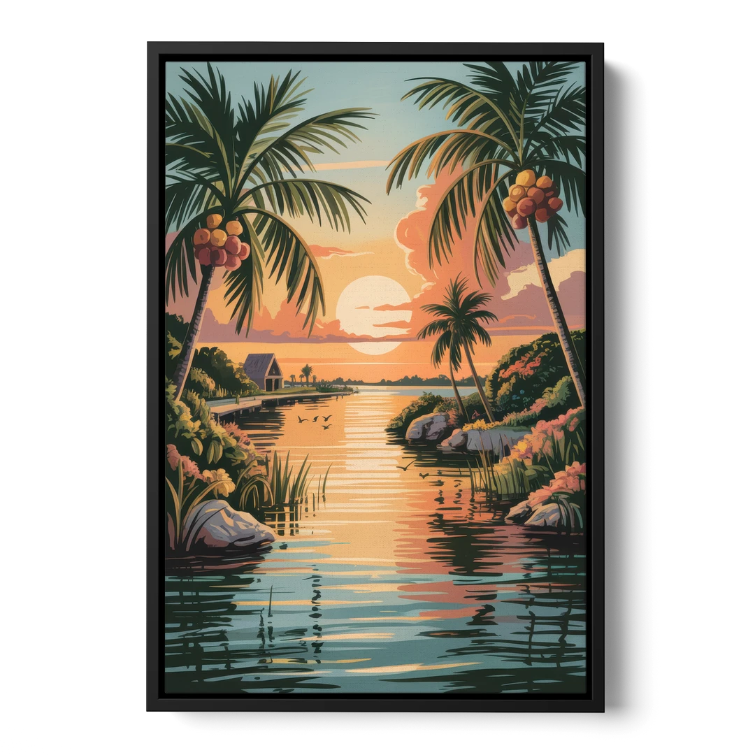 Tulum Lagoon Sunset - Black Framed Canvas Wall Art - Front