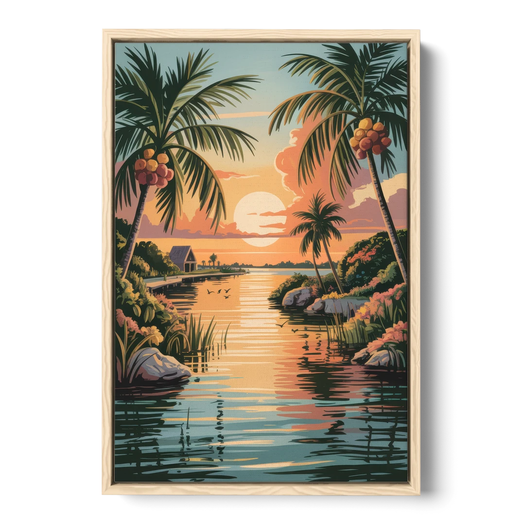 Tulum Lagoon Sunset - Oak Framed Canvas Wall Art - Front