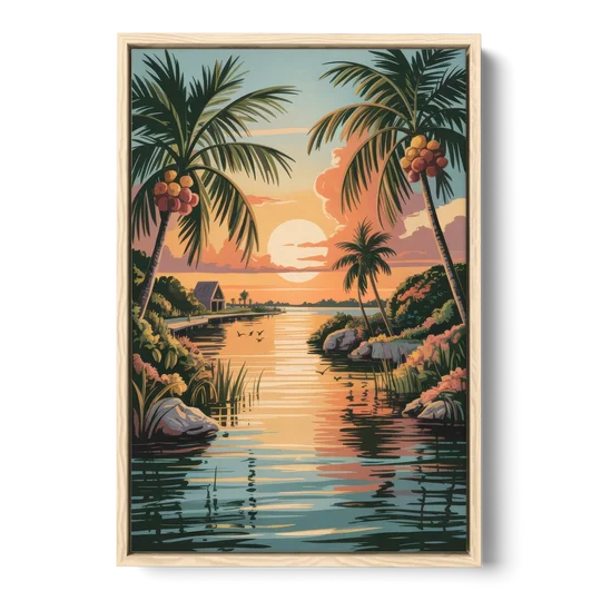 Tulum Lagoon Sunset - Oak Framed Canvas Wall Art - Front