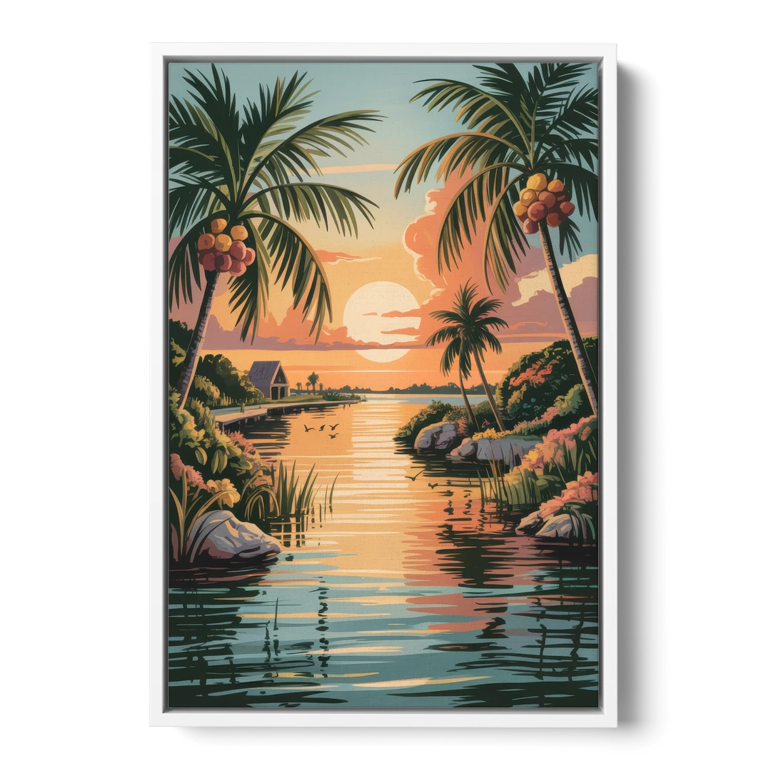 Tulum Lagoon Sunset - White Framed Canvas Wall Art - Front